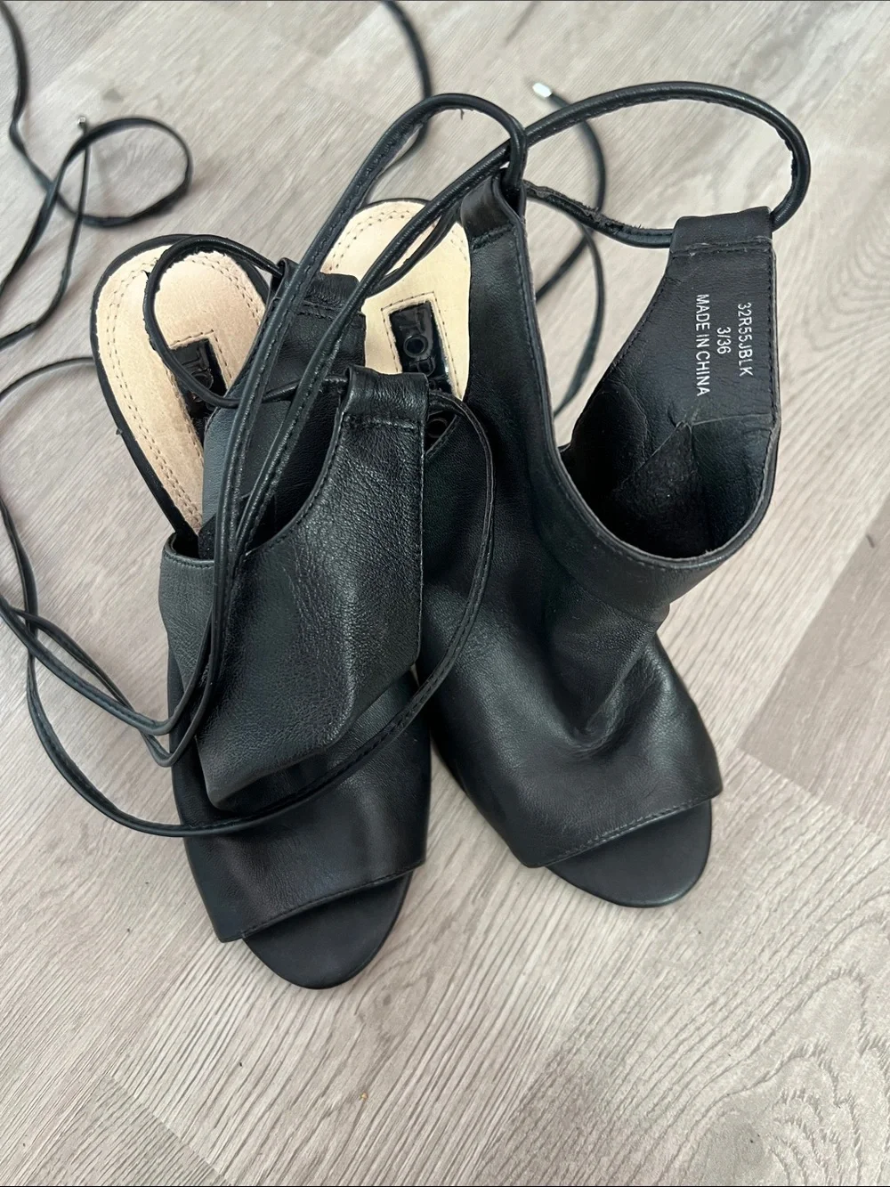 Top Shop Black Leather Lace-Up Peep Toe Wrap Sandal Heel
